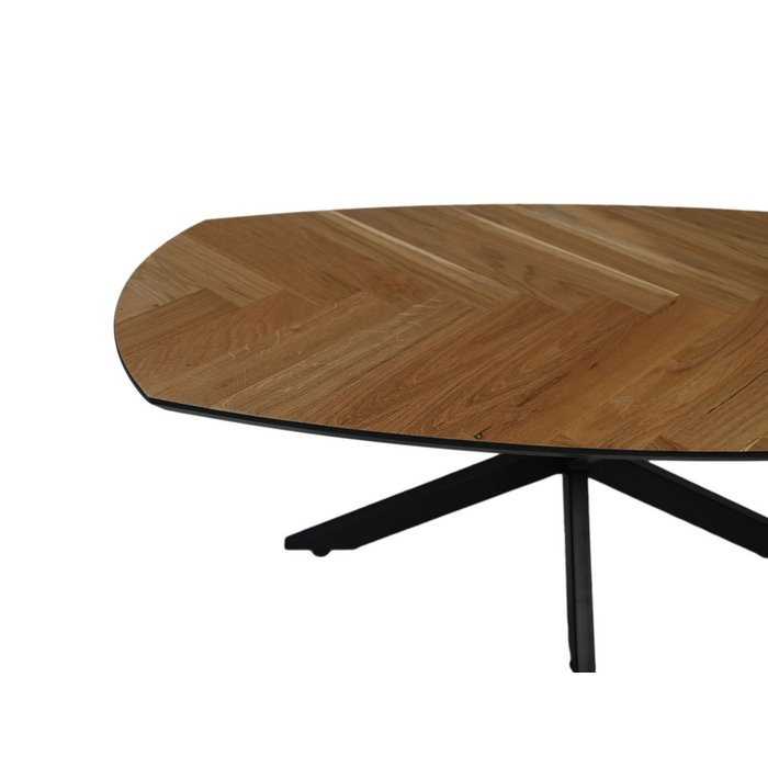 Bruin eikenhout ovale eettafel met vissengraat patroon met zwarte matrix-frame poten tafelblad
