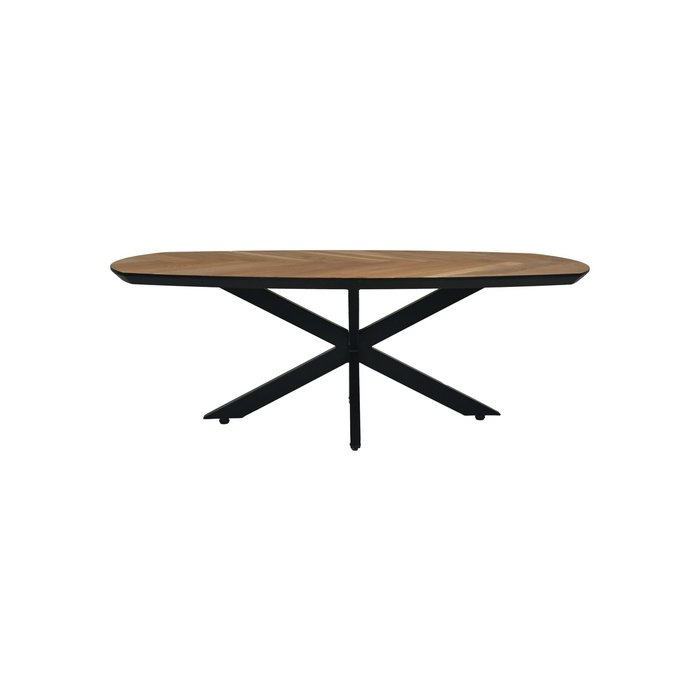 Bruin eikenhout ovale eettafel met vissengraat patroon met zwarte matrix-frame poten bouw