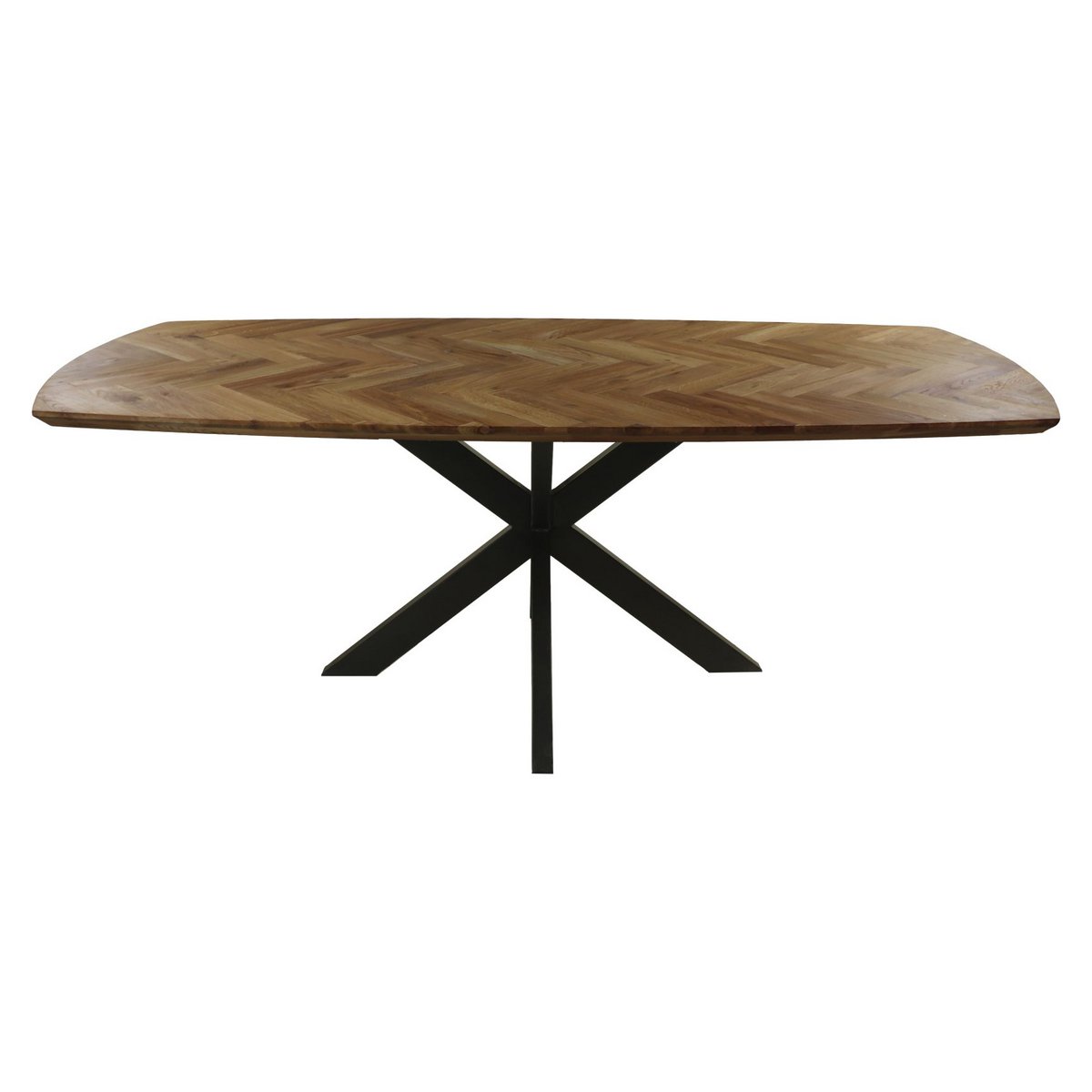 Merluccius eiken eettafel met visgratenpatroon en zwarte matrix-frame poten zijkant
