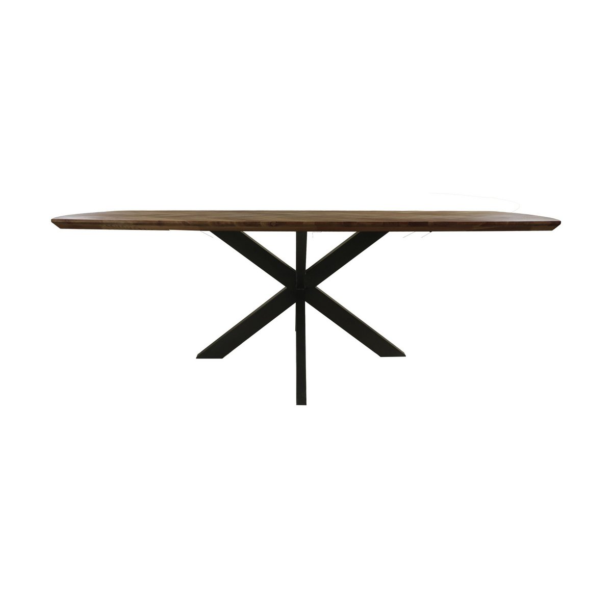 Merluccius eiken eettafel met visgratenpatroon en zwarte matrix-frame poten onderbouw