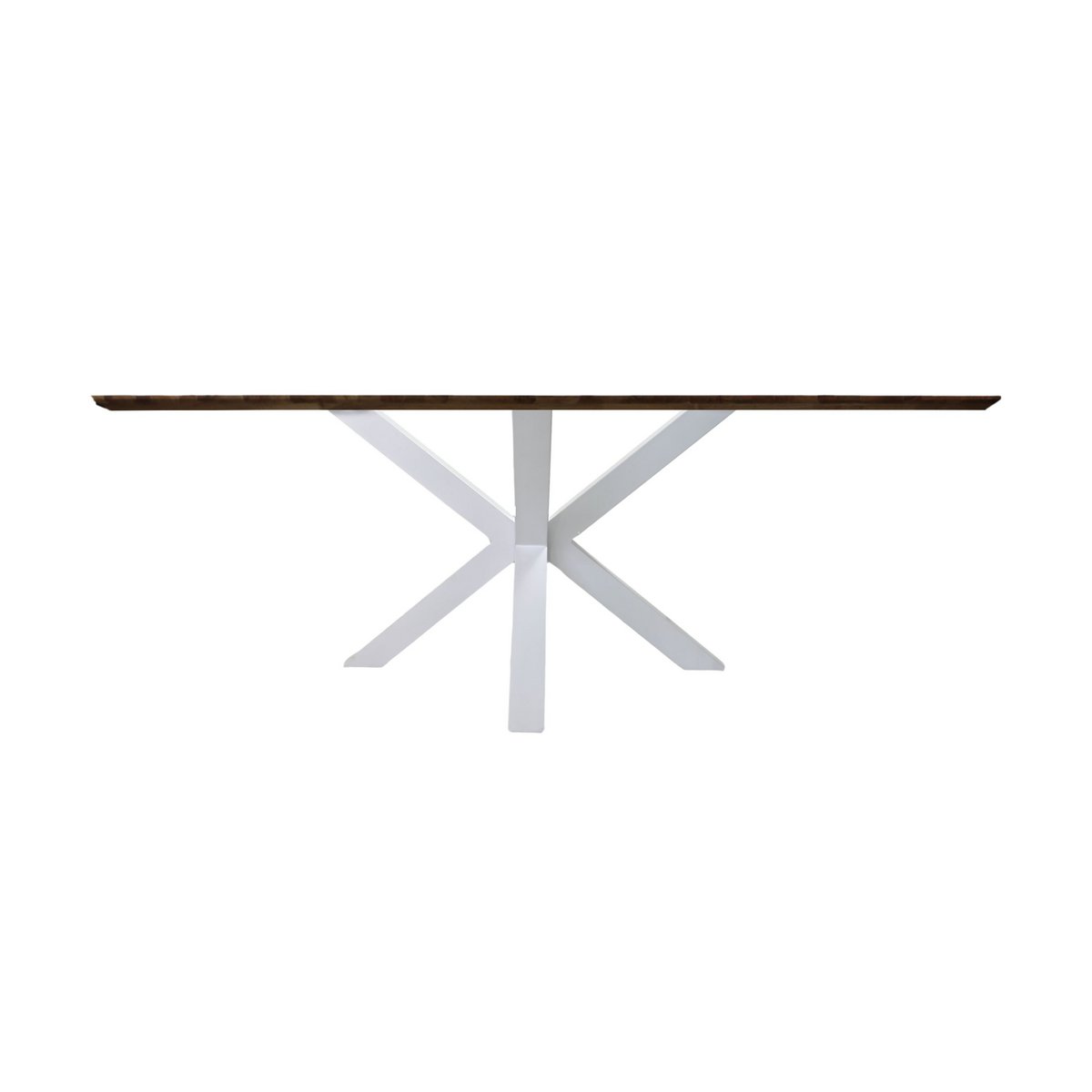 Bruin eikenhout rechthoekige eettafel met vissengraat patroon met witte matrix-frame poten onderzijde