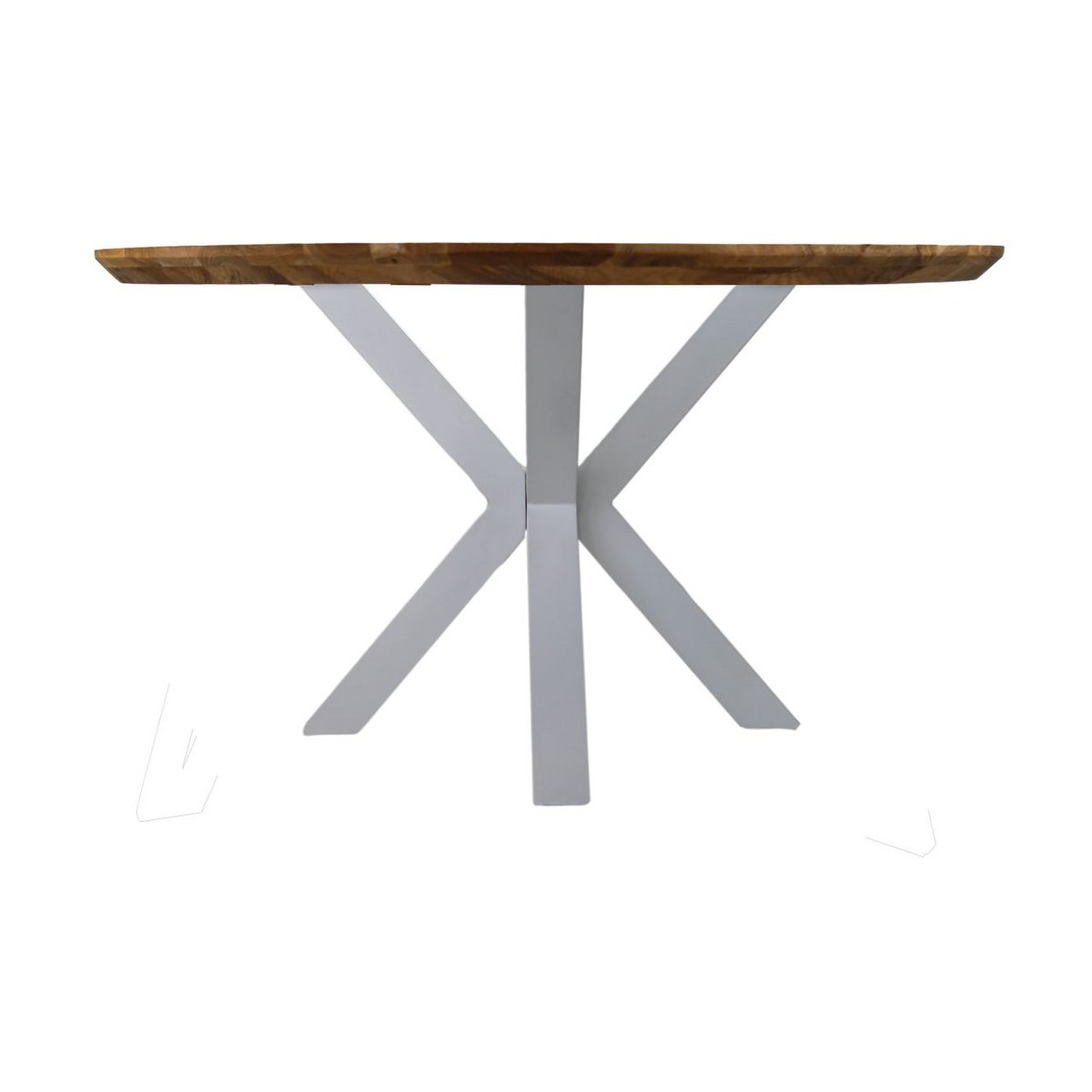 Bruin eikenhout wishbone eettafel met vissengraat patroon met witte metalen matrix-frame poten onderbouw