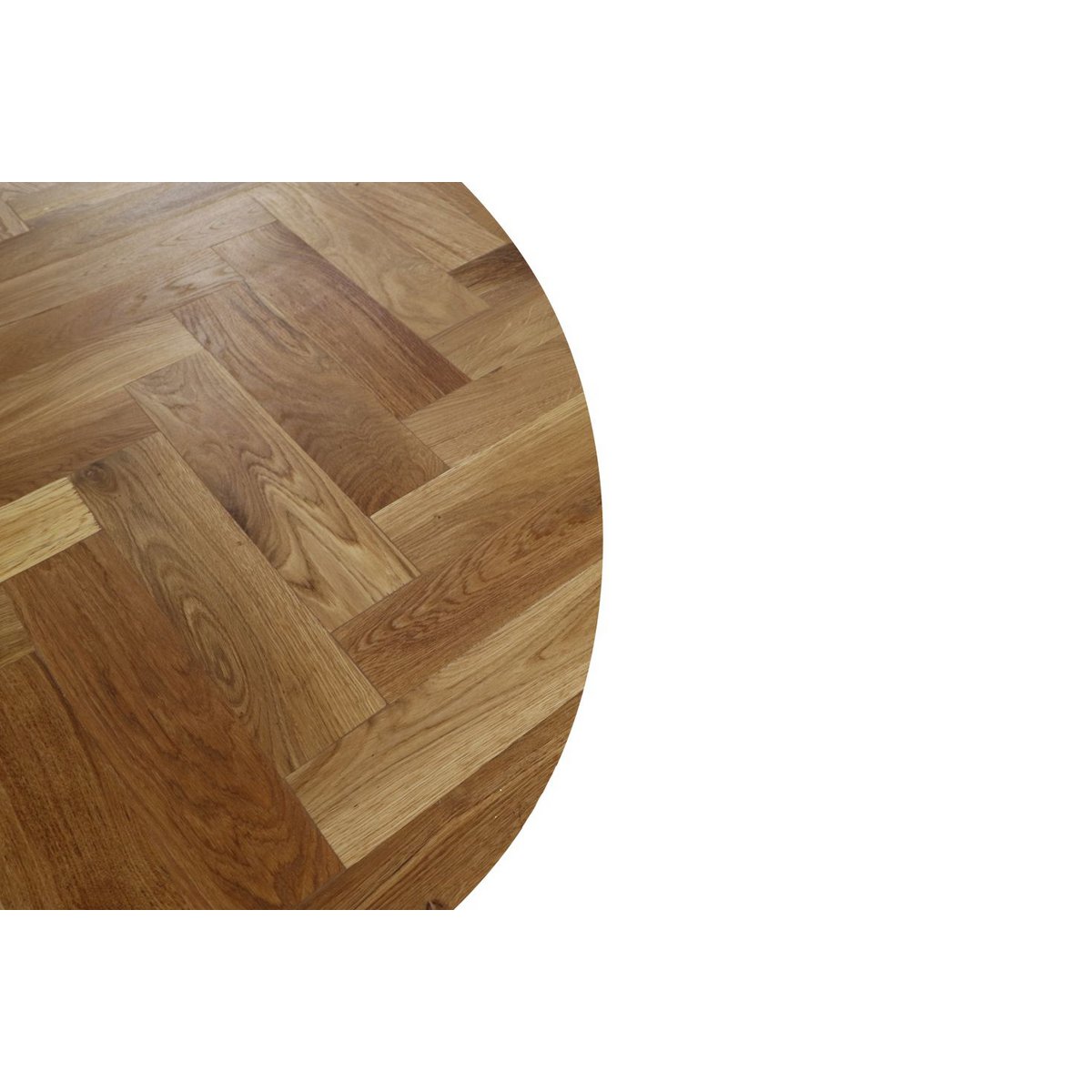 Bruin eikenhout ronde eettafel met vissengraat patroon met zwarte matrix-frame poten tafelblad details