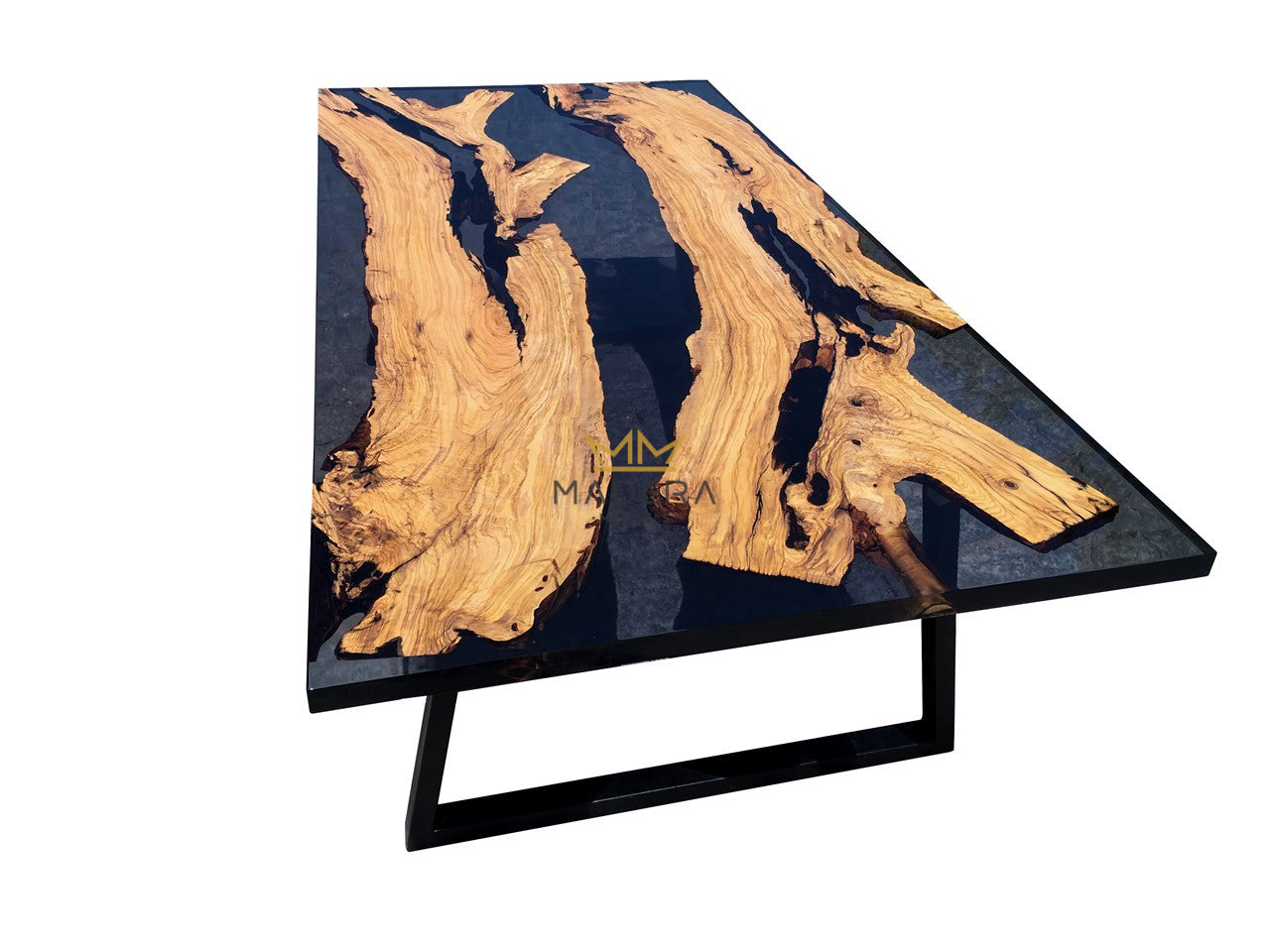 Rechte hematite epoxy eettafel met olijfhout en u-frame poten tafel zijkant