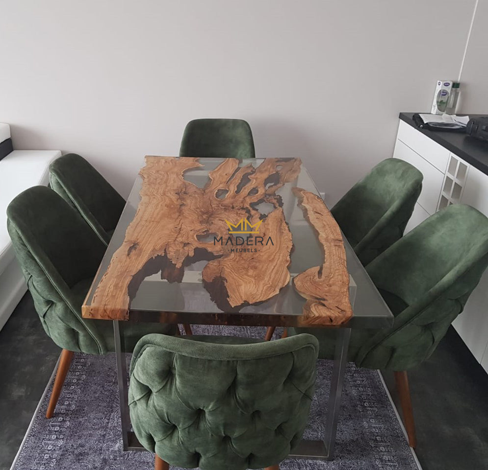 Rechte epoxy eettafel met olijfhout klein