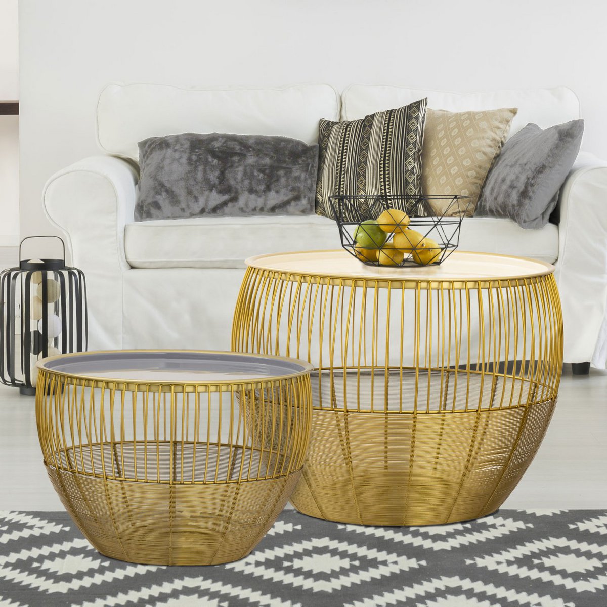 Glamira salontafel rieten frame met wit en grijs geëmailleerd tafelblad woonkamer dichtbij