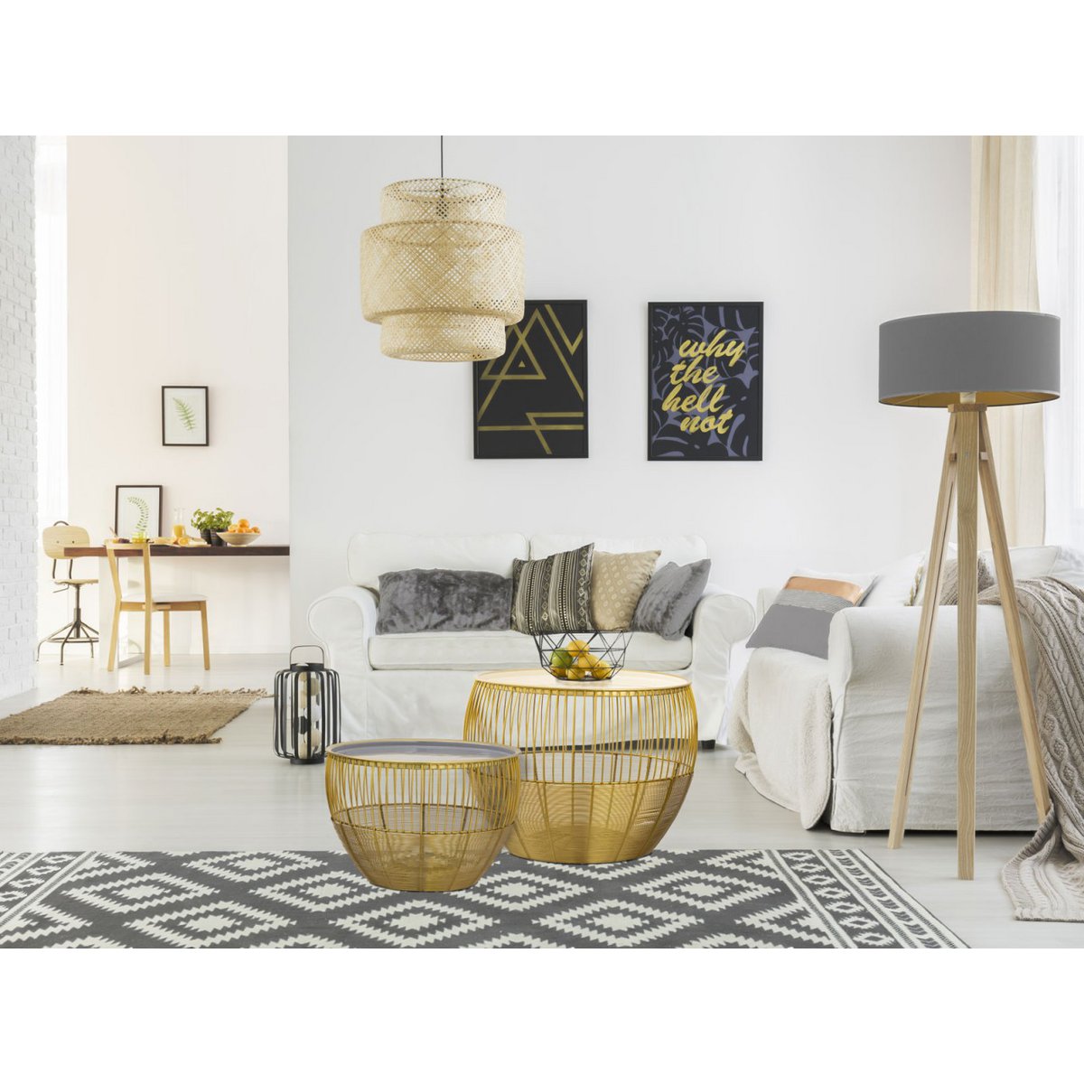 Glamira salontafel rieten frame met wit en grijs geëmailleerd tafelblad woonkamer ver