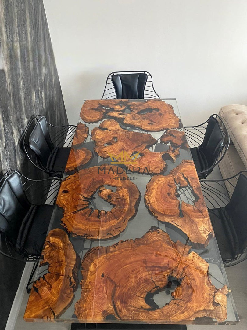 LEO transparant epoxy en olijf eettafel met zes stoelen boven