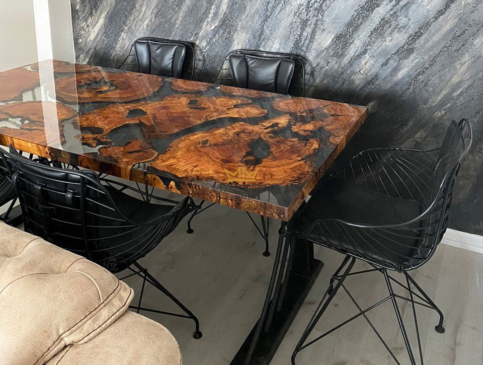 LEO transparant epoxy en olijf eettafel met vijf stoelen hoek