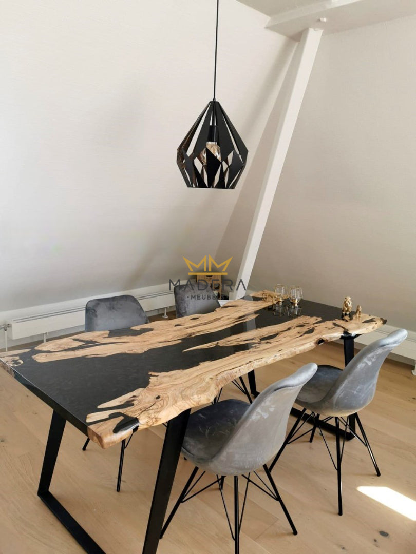 Live Edge olijfhout boomstam Hematite Epoxy Eettafel zijkant