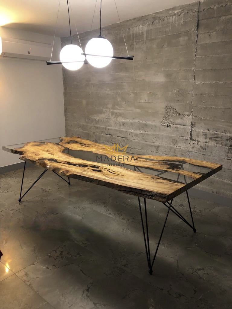 Live Edge olijfhout boomstam Epoxy Eettafel volledige tafel