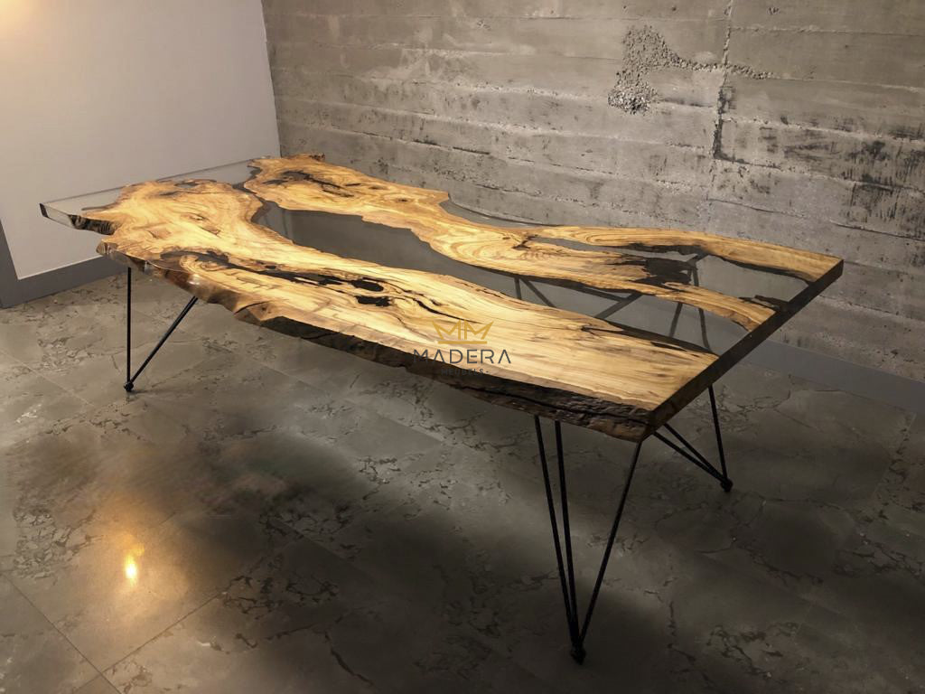 Live Edge olijfhout boomstam Epoxy Eettafel zijkant boven