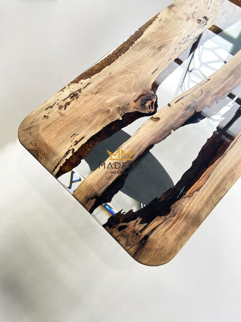 Miro epoxy en walnoothout salontafel gladde afwerking hoeken