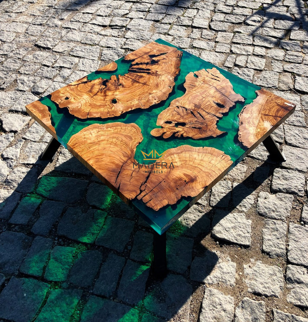 Stonz smaragd groene epoxy salontafel met olijfhout met smaragd schaduw
