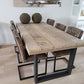 Eettafel van oud steigerhout met u-frame poten en zes stoelen 