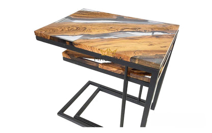 Klassieke transparant epoxy en olijf bijzettafel ingeschoven