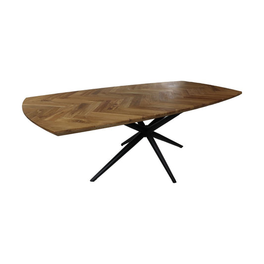 Bruin eikenhout wishbone eettafel met vissengraat patroon met zwarte matrix-frame poten