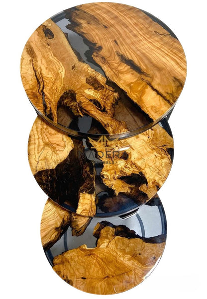 Kanyon epoxy en olijf ronde bijzettafel bovenkant