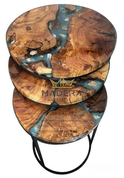 Kanyon turquoise epoxy en olijf ronde bijzettafel 