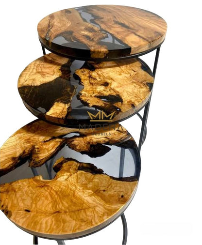 Kanyon zwart transparant epoxy en olijf ronde bijzettafel maten