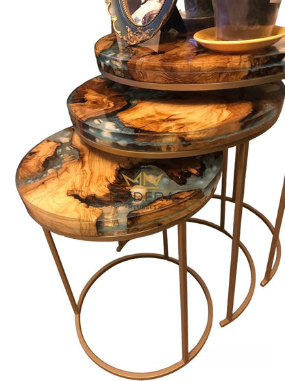 Kanyon epoxy en olijf ronde bijzettafel ingeschoven maten