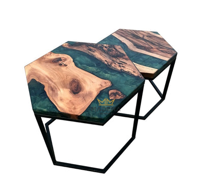 Loki epoxy hexagon bijzettafel transparant en metallic epoxy en walnoothout maten