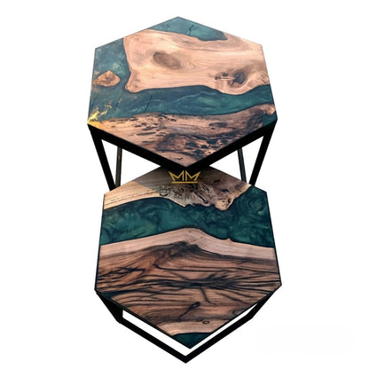 Loki epoxy hexagon bijzettafel transparant en metallic epoxy en walnoothout maten bovenkant