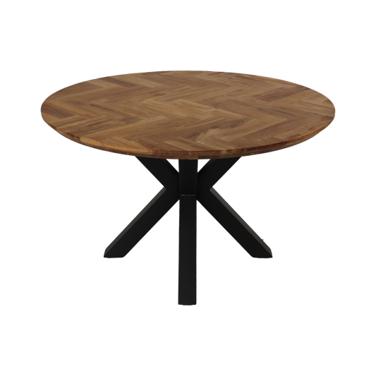 Bruin eikenhout ronde eettafel met vissengraat patroon met zwarte matrix-frame poten