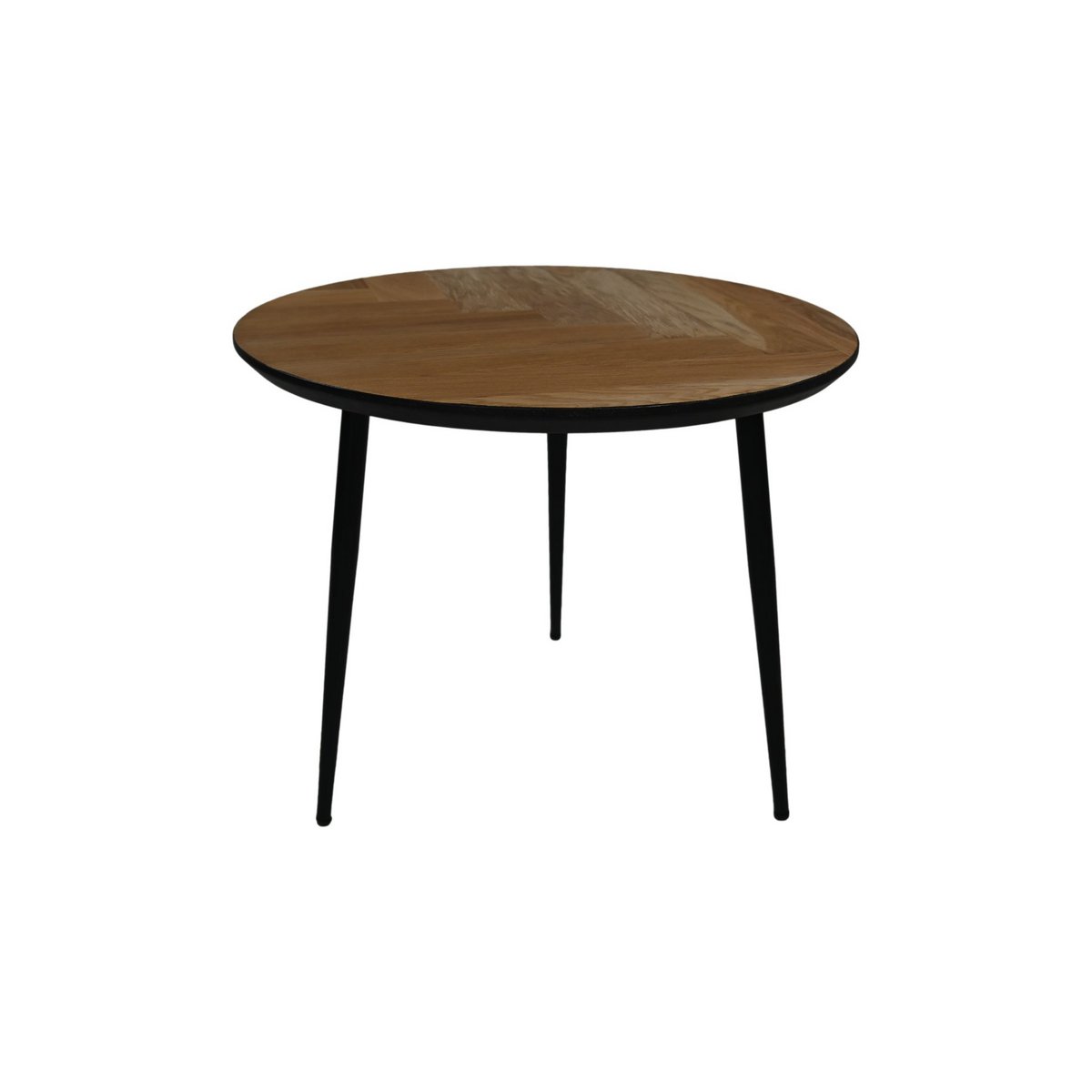 Ronde vimba salontafel van eikenhout met drie zwarte metalen poten en zwarte swiss edge randafwerking