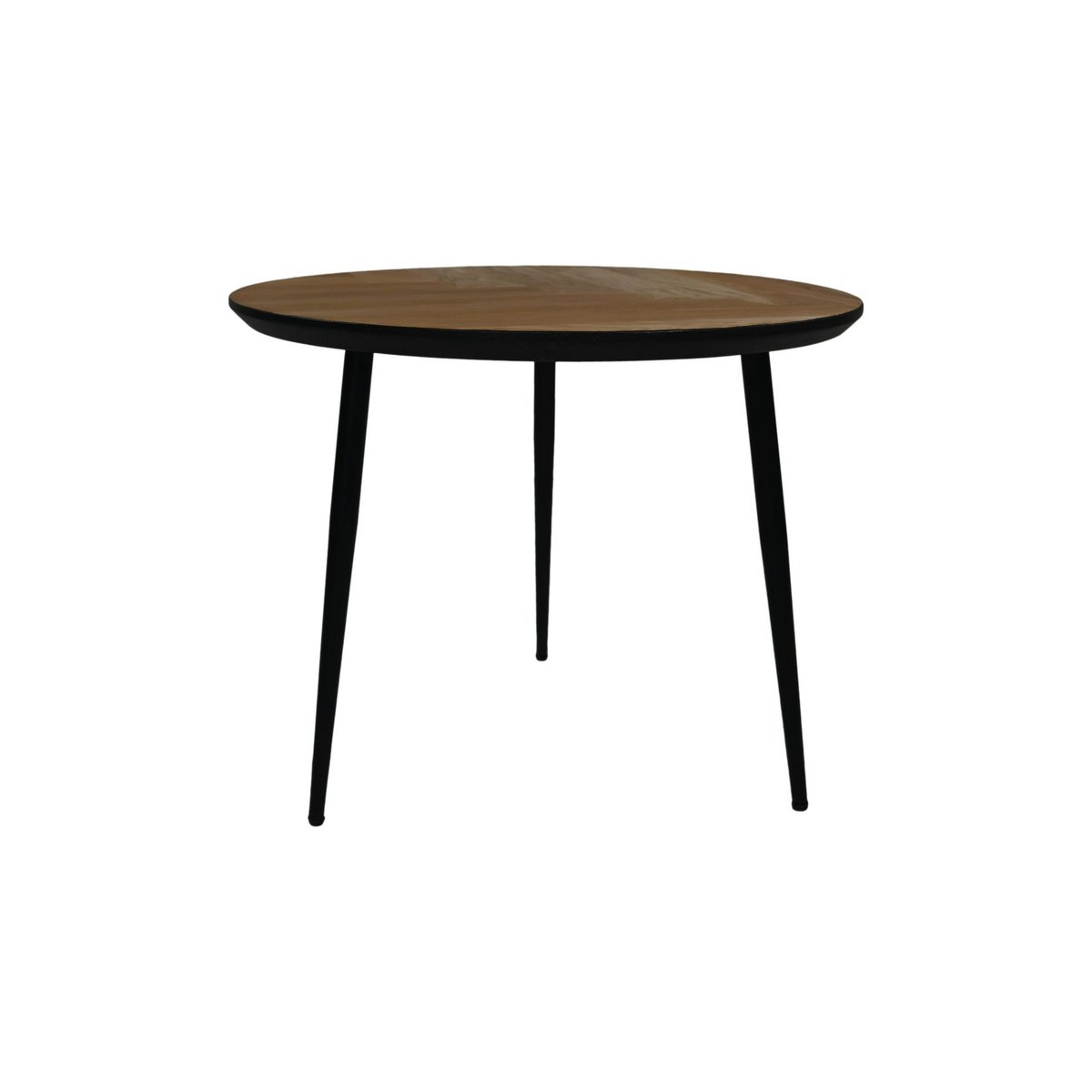 Ronde vimba salontafel van eikenhout met drie zwarte metalen poten en zwarte swiss edge randafwerking zijkant