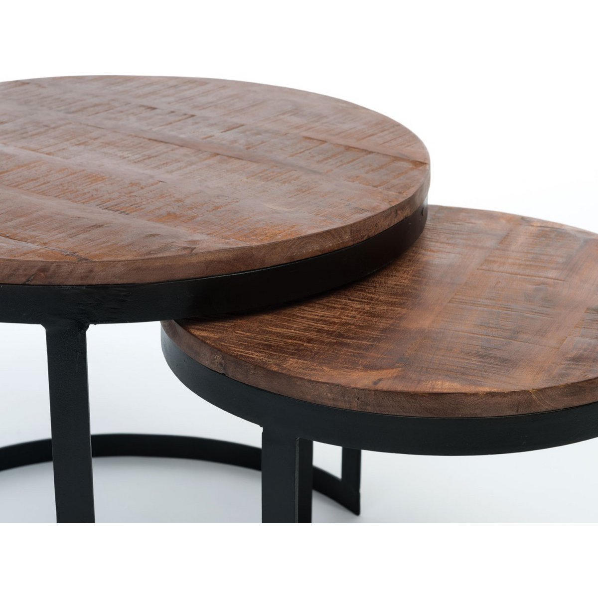 Austin salontafelset massief bruin hout met poedercoaten metalen frame in het zwart houtpatroon