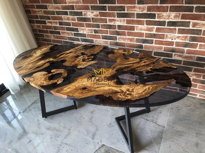 Ovale eiken hematite epoxy eettafel bovenkant