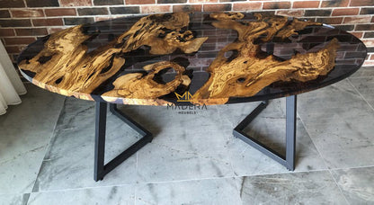 Ovale eiken hematite epoxy eettafel volledige tafel