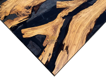 Rechte hematite epoxy eettafel met olijfhout hoek tafelblad