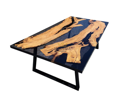 Rechte hematite epoxy eettafel met olijfhout en u-frame poten tafel geheel