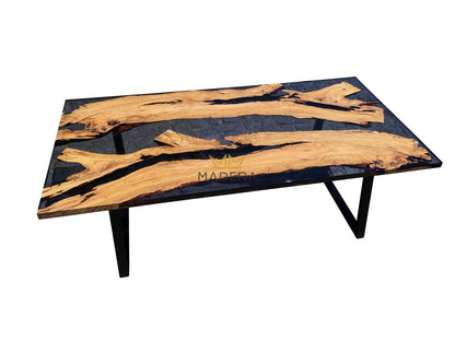 Rechte hematite epoxy eettafel met olijfhout en u-frame poten lengte