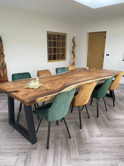 Suar boomstam eettafel uniek ontwerp met acht gekleurde stoelen