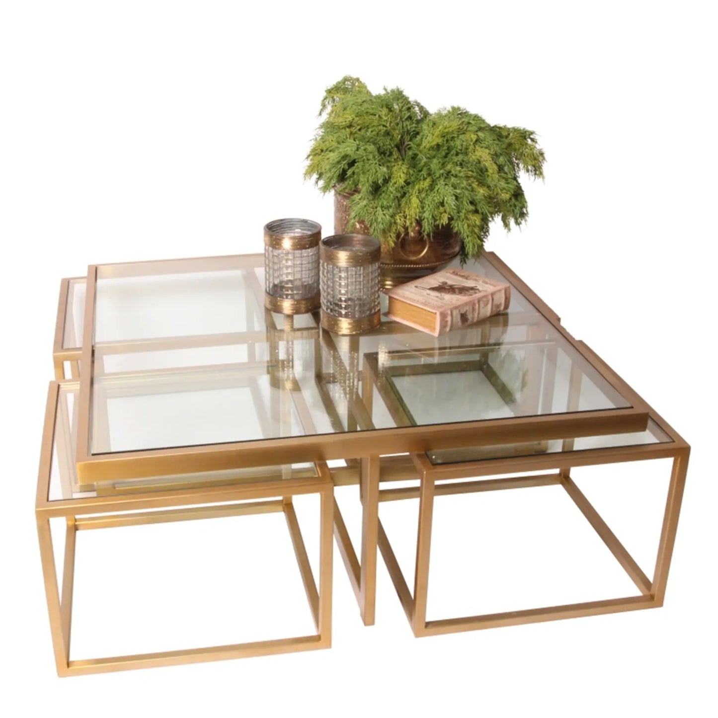 gouden salontafel gemaakt van RVS en dik glas 5 delen decoraties