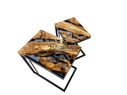 Klassieke hematite epoxy en olijf bijzettafel maten uitgeschoven