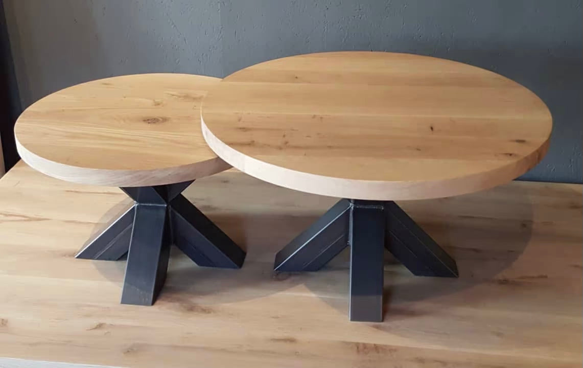 Eiken ronde salontafel met matrix-frame poten verschillende maten