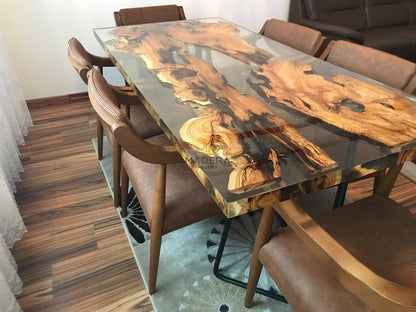 Rechte epoxy eettafel met olijfhout en zes stoelen zijkant