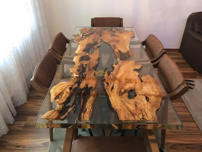 Rechte epoxy eettafel met olijfhout tafelblad geheel