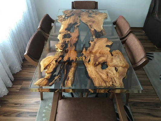 Rechte epoxy eettafel met olijfhout en 6 stoelen