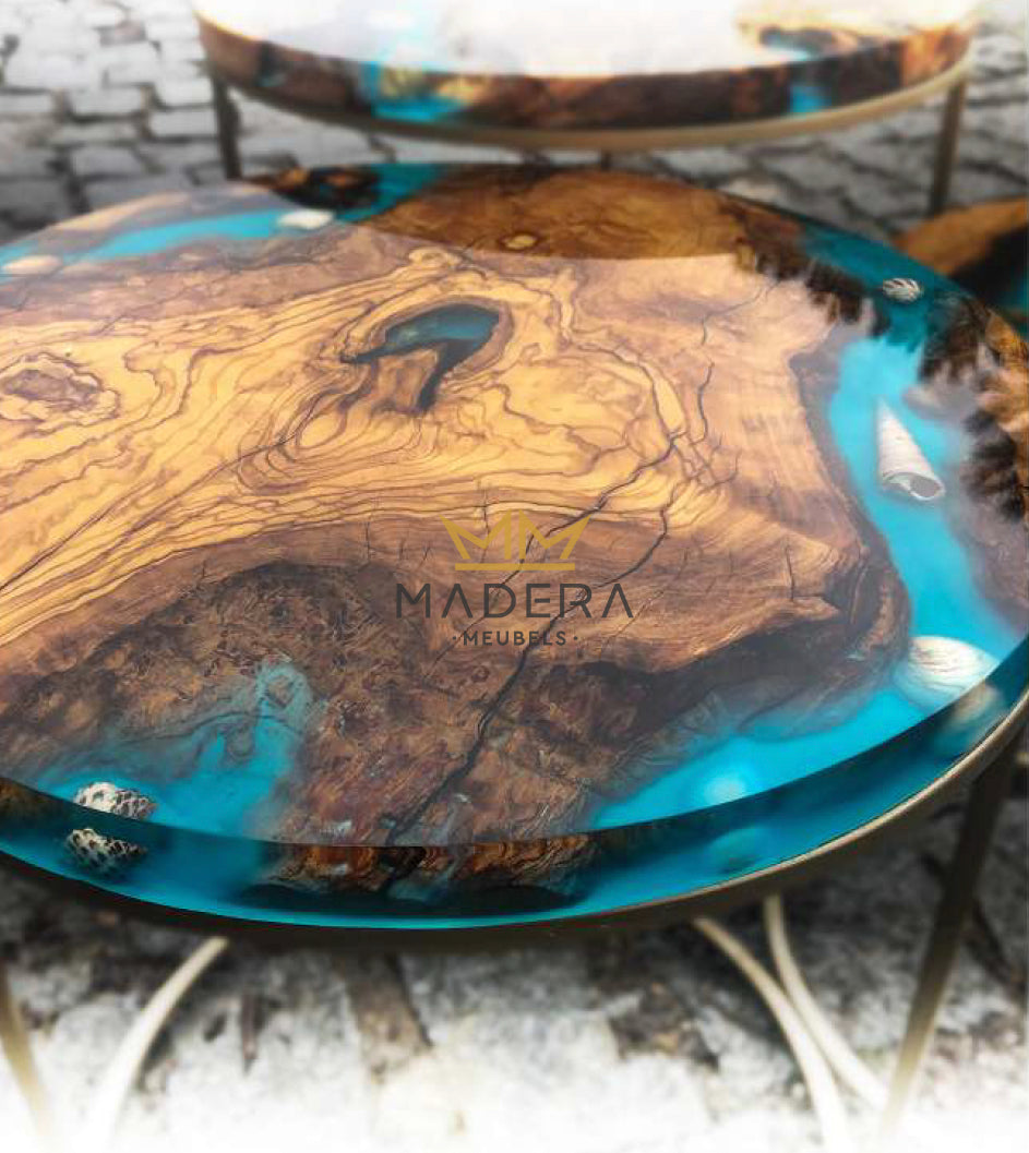 Kanyon turquoise zee epoxy en olijf ronde bijzettafel glans epoxy