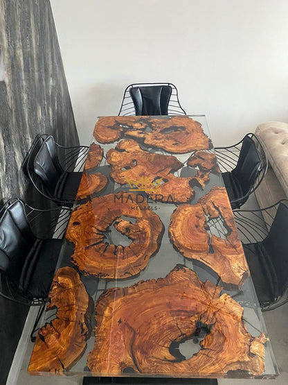 LEO transparant epoxy en olijf eettafel met zes stoelen boven