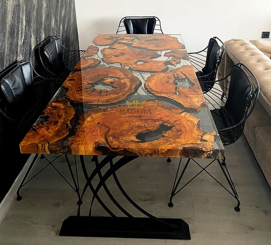 LEO transparant epoxy en olijf eettafel met zes stoelen