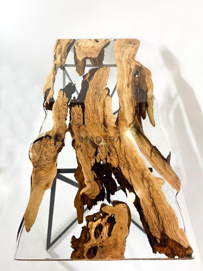 Live Edge olijf boomstam epoxy tafel tafelblad boven