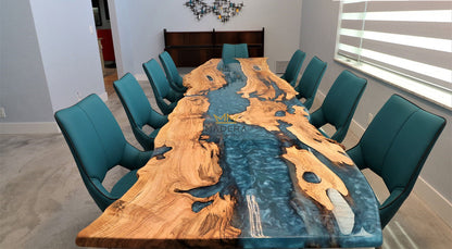 Live Edge olijfhout boomstam ocean Epoxy Eettafel met 10 stoelen