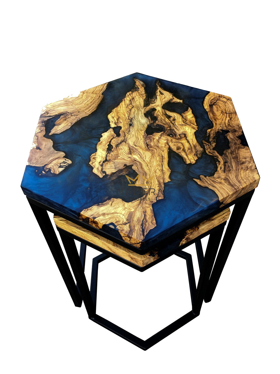 Loki epoxy hexagon bijzettafel metallic sapphire epoxy en walnoothout boven ingeschoven