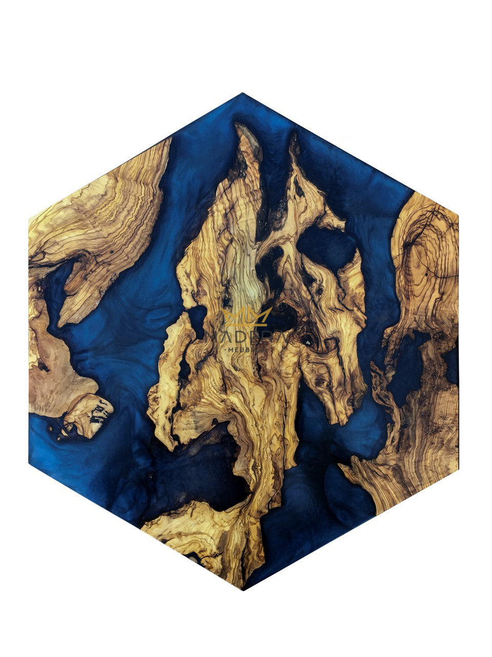 Loki epoxy hexagon bijzettafel metallic sapphire epoxy en walnoothout tafelblad boven  klein